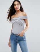Asos Off-shoulder Top With Wrap Front - Gray