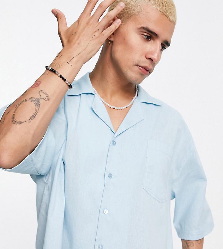Collusion Revere Shirt In Pastel Blue Linen Set-blues
