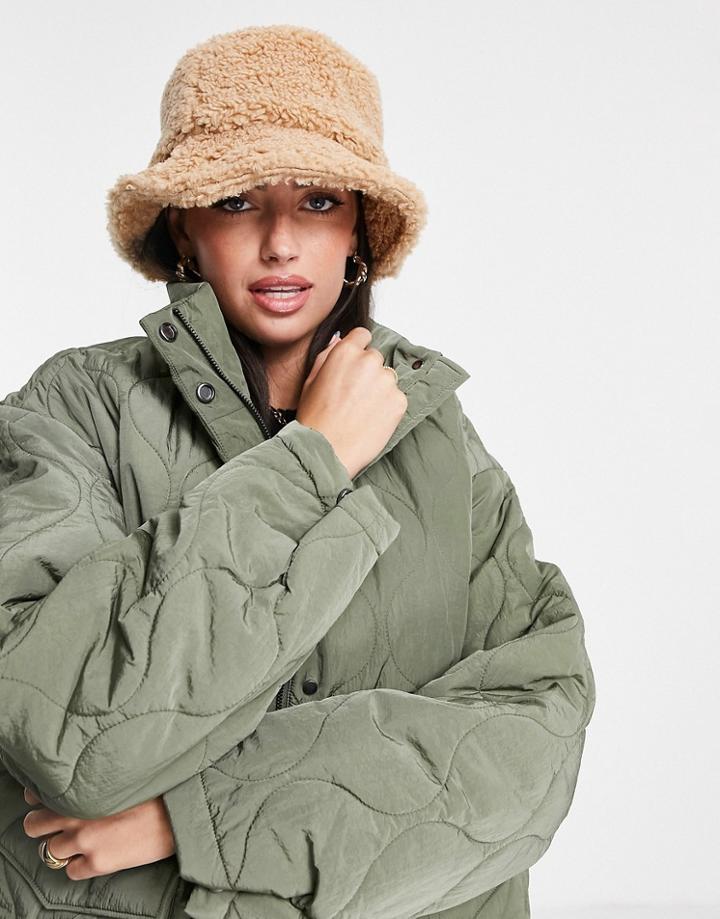 Asos Design Borg Roll Back Bucket Hat In Tan-brown