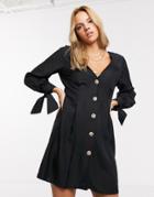 Asos Design Button Through Mini Skater Dress With Tie Sleeves-black