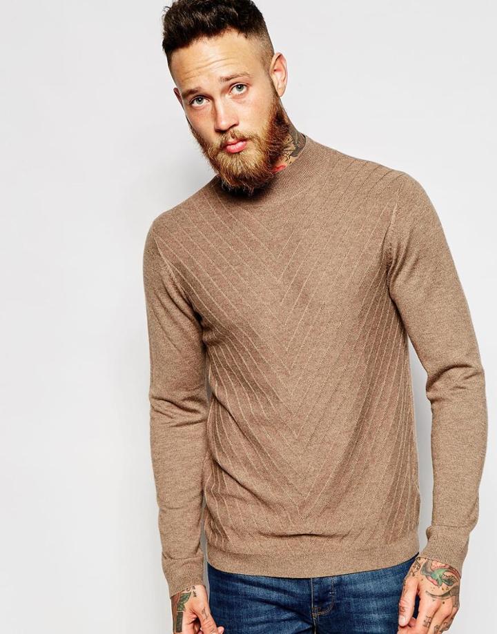 Asos Chevron Design Jumper In Merino Wool Mix - Beige