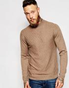 Asos Chevron Design Jumper In Merino Wool Mix - Beige