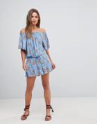 En Creme Floral Shorts With Back Waist Elastic - Blue