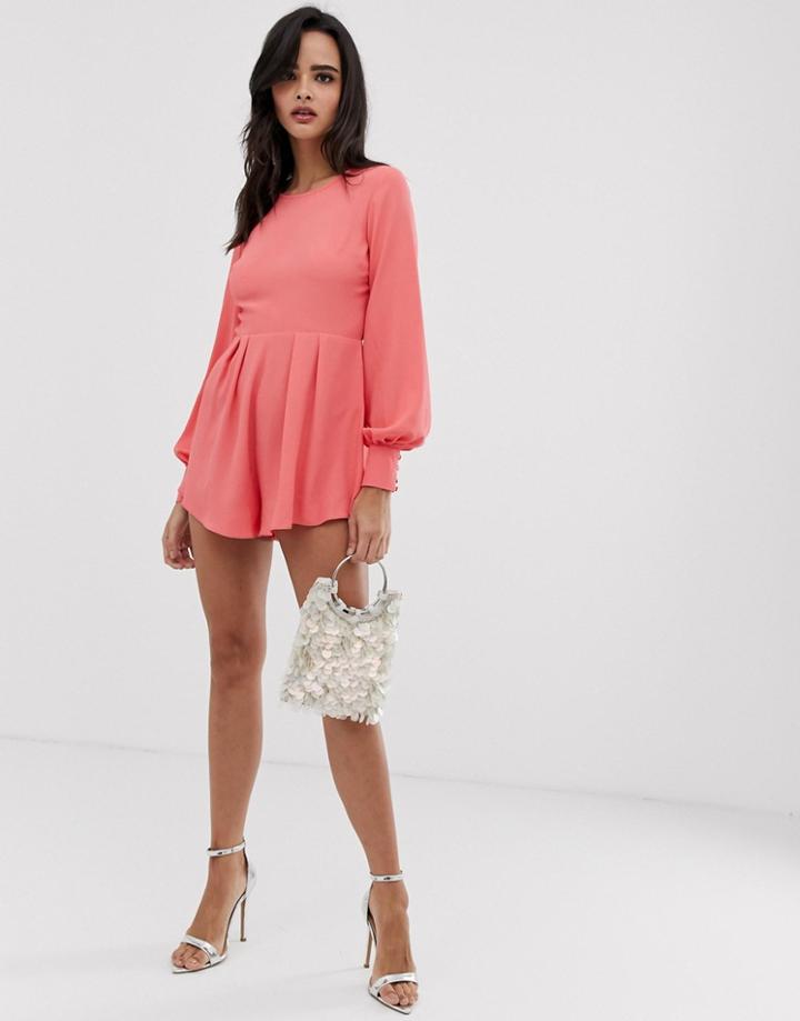 Asos Design Open Back Button Cuff Romper With Frill Hem-pink