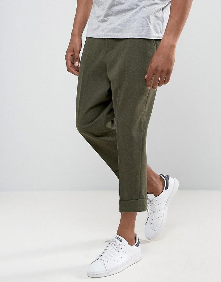 Asos Drop Crotch Tapered Wool Look Smart Pants With Heavy Turn Up - Green