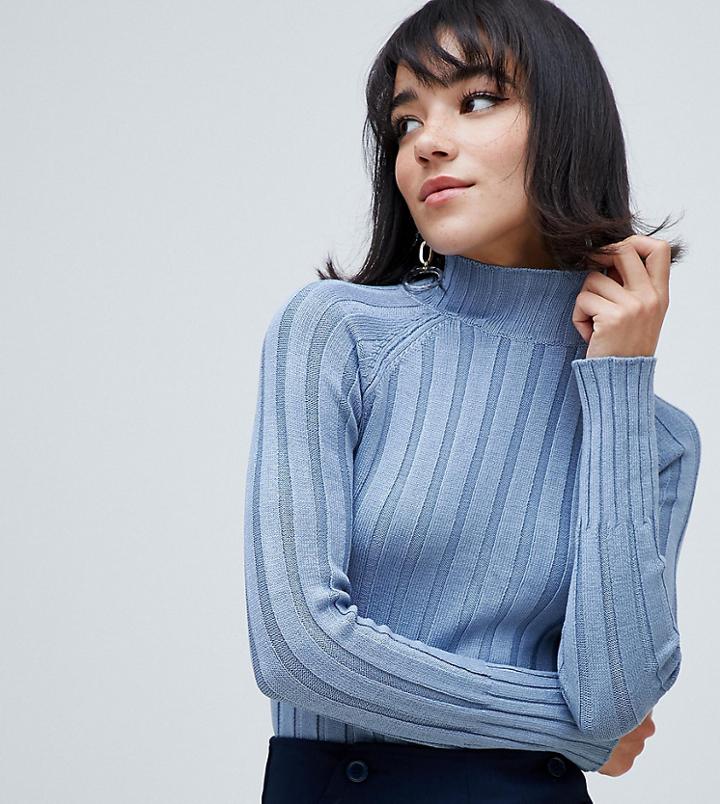 River Island Ribbed High Neck Lightweight Sweater In Blue - Blue
