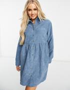 Missguided Cord Long Sleeve Shirt Smock Dress In Slate Blue-blues