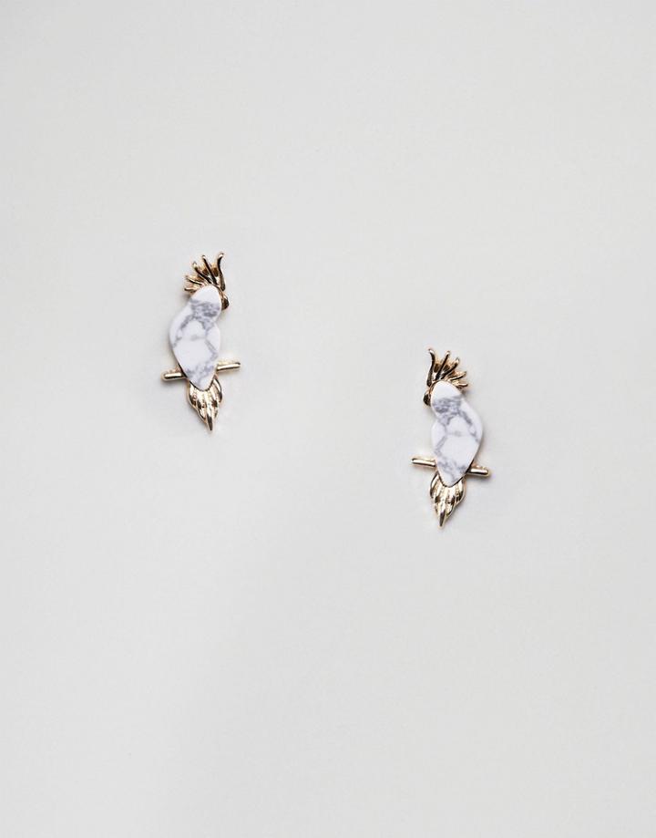 Asos Design Earrings With Faux Marble Parrot Design In Gold - Gold