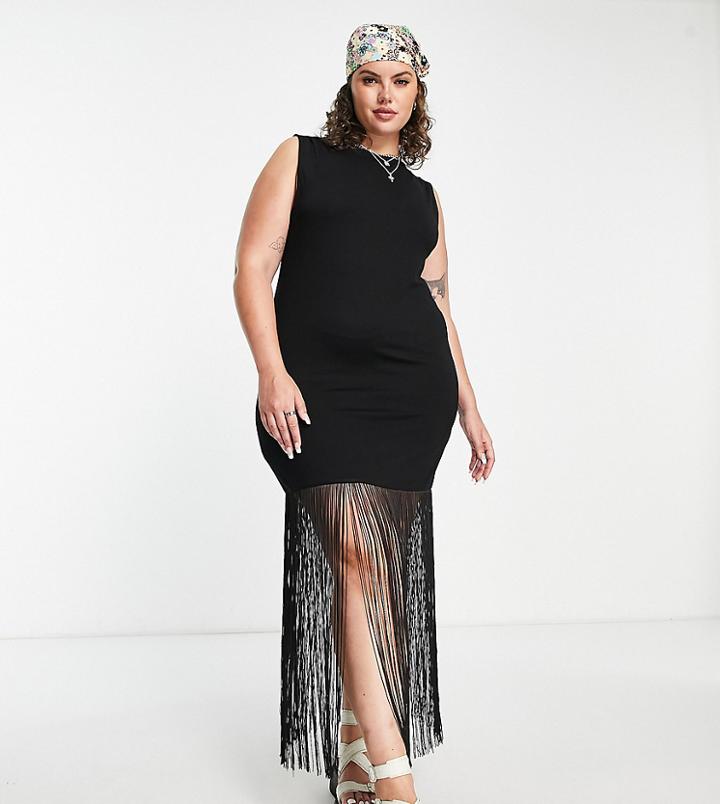 Asos Design Curve Racer Front Tank Midi Dress With Fringe In Black