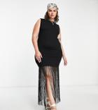 Asos Design Curve Racer Front Tank Midi Dress With Fringe In Black