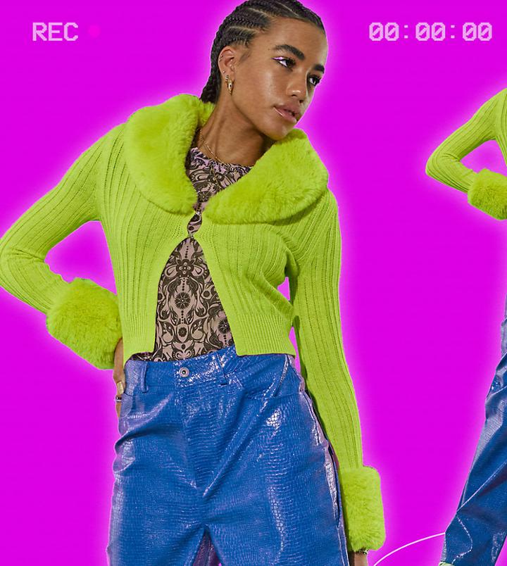 Collusion Fur Trim Cardigan In Lime-green