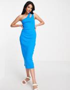 Asos Design Ribbed Midi Dress With Cut Out One Shoulder In Bright Blue