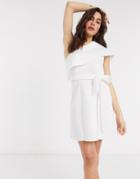 Asos Design One Shoulder Crop Top Belted A-line Mini Skater Dress In Ivory-white