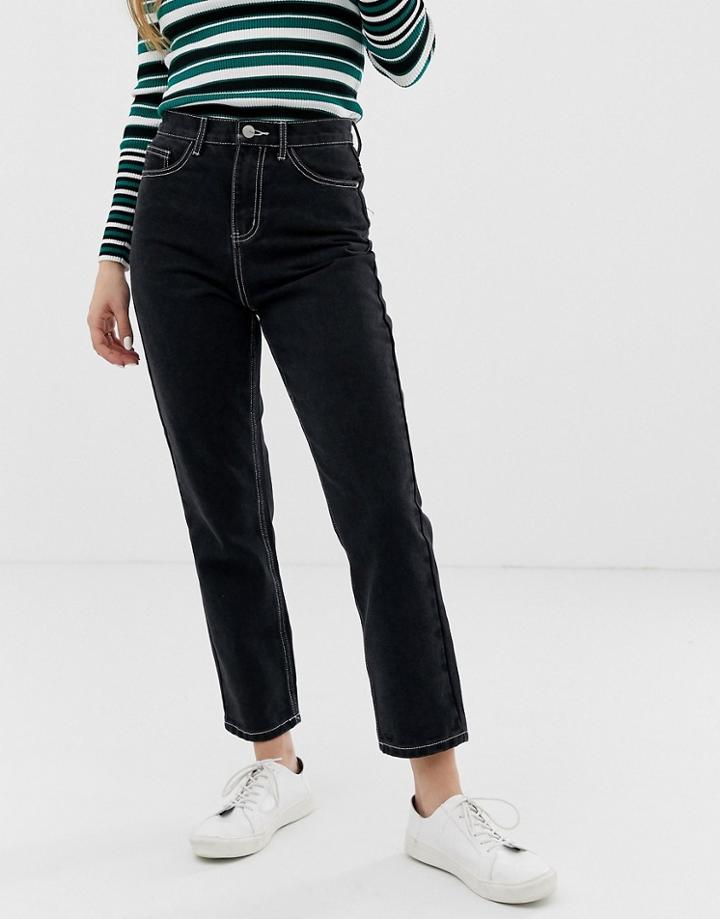 Only Contrast Stitch Mom Jean In Black - Black