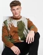 Only & Sons Oversized Printed Sweater In Brown & Green-neutral
