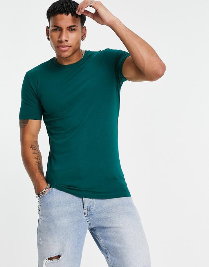 Asos Design Organic Muscle Fit T-shirt With Crew Neck In Dark Green