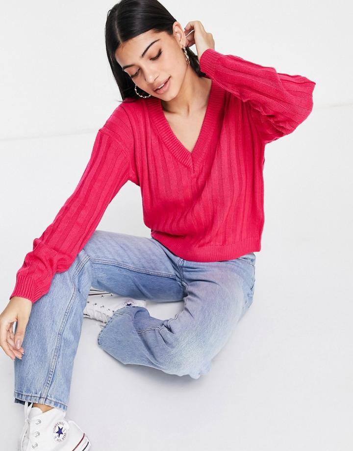 Brave Soul Oversized Kansas V Neck Sweater In Pink