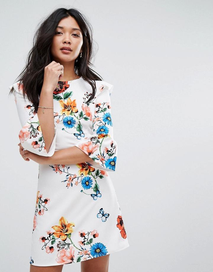 Boohoo Floral Flare Sleeve Skater Dress - Cream