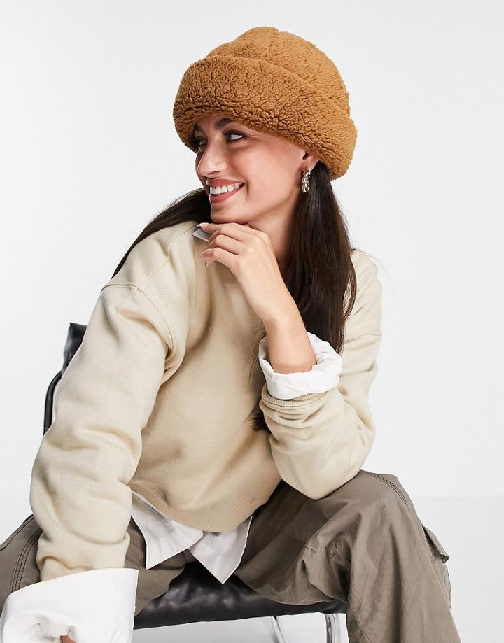 Asos Design Recycled Borg Fisherman Beanie In Brown