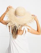 Asos Design Straw Raw Edge Floppy Hat With Size Adjuster In Natural-brown