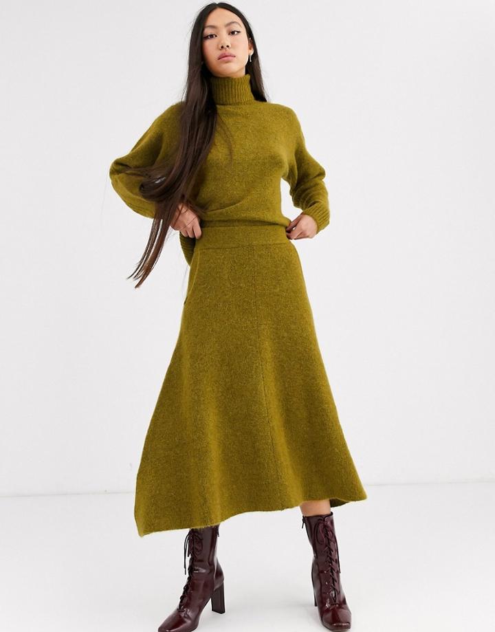 Asos White Wool Blend Fit And Flare Midi Skirt-green