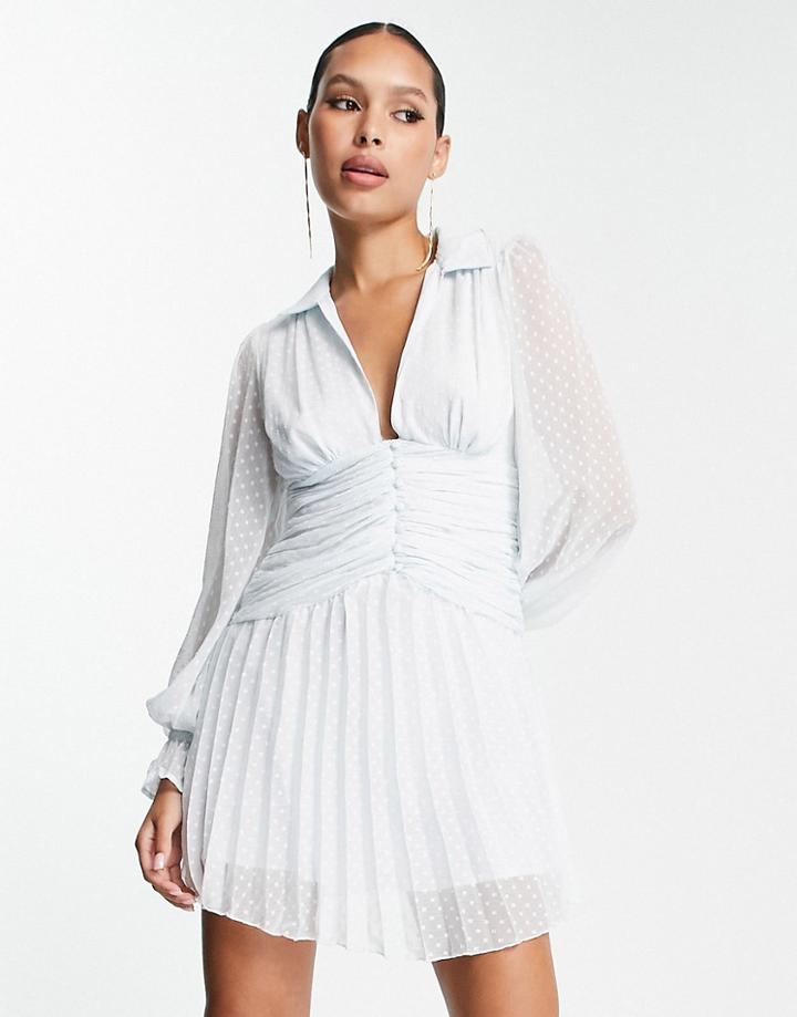 Asos Design Puff Sleeve Textured Mini Dress With Buttons In Pale Blue