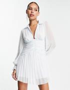 Asos Design Puff Sleeve Textured Mini Dress With Buttons In Pale Blue