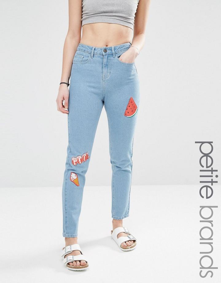 Noisy May Petite Watermelon Embroidered Mom Jean - Light Wash