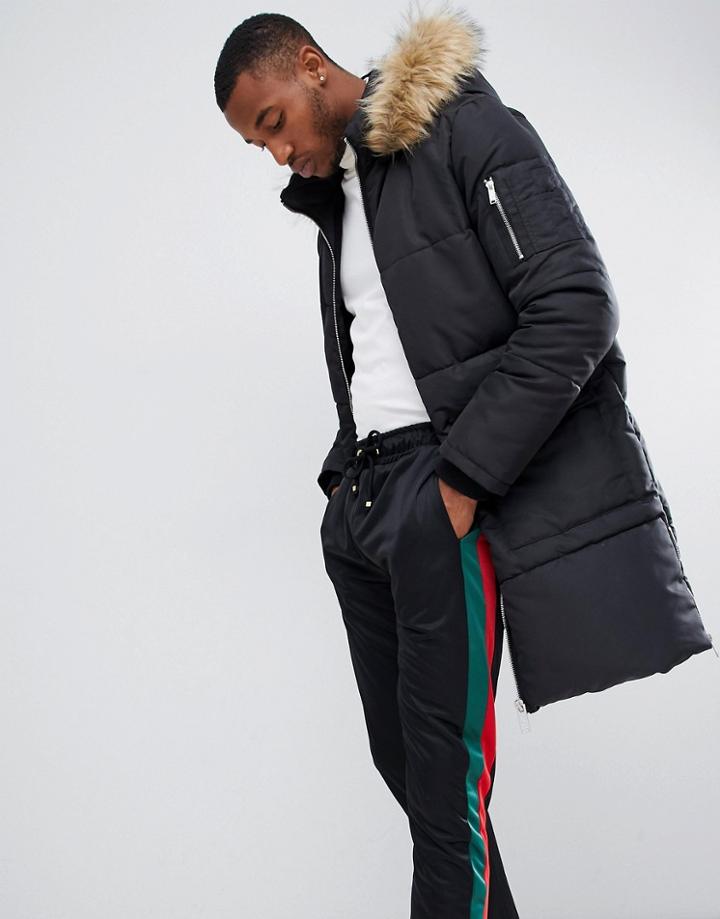 Boohooman Longline Puffer Jacket With Faux Fur Hood In Black - Black
