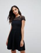 Lipsy Cap Sleeve Skater Dress With Lace Trim - Black
