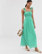 Asos Design Seersucker Shirred Maxi Dress In Stripe With Tie Straps - Multi