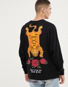 Asos Design Oversized Long Sleeve T-shirt With Souvenir Tiger Back Print - Black