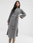 Asos Design Super Soft Crew Neck Tie Front Midi Dress - Gray