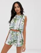 Asos Design Minimal Palm Tree Print Jersey Beach Crop Top With Wrap Back Two-piece - Multi