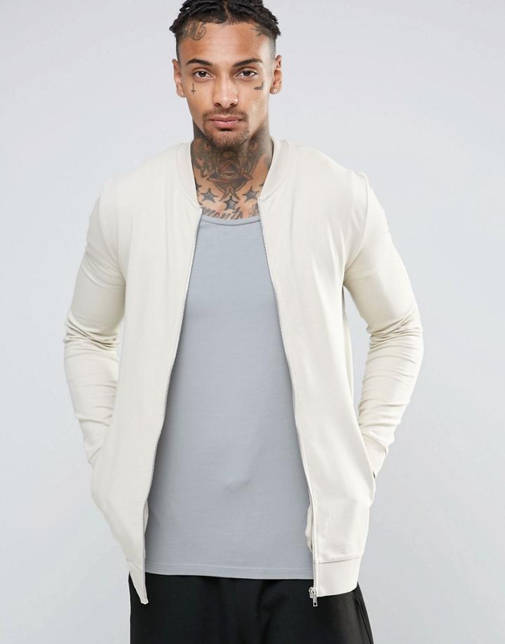 Asos Muscle Fit Jersey Bomber Jacket In Beige - Beige