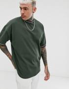 Asos Design Pique Oversized T-shirt With Contrast Tipping In Khaki - Green