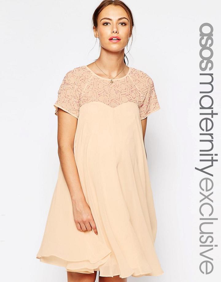 Asos Maternity Swing Dress With Embellished Top - Pink