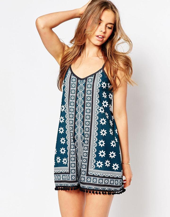 Asos Cami Romper With Pom Pom Hem In Teal - Teal