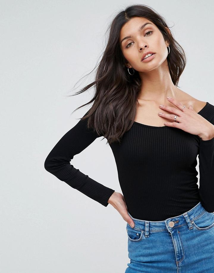 Asos Top With Off Shoulder V Neck In Rib - Black