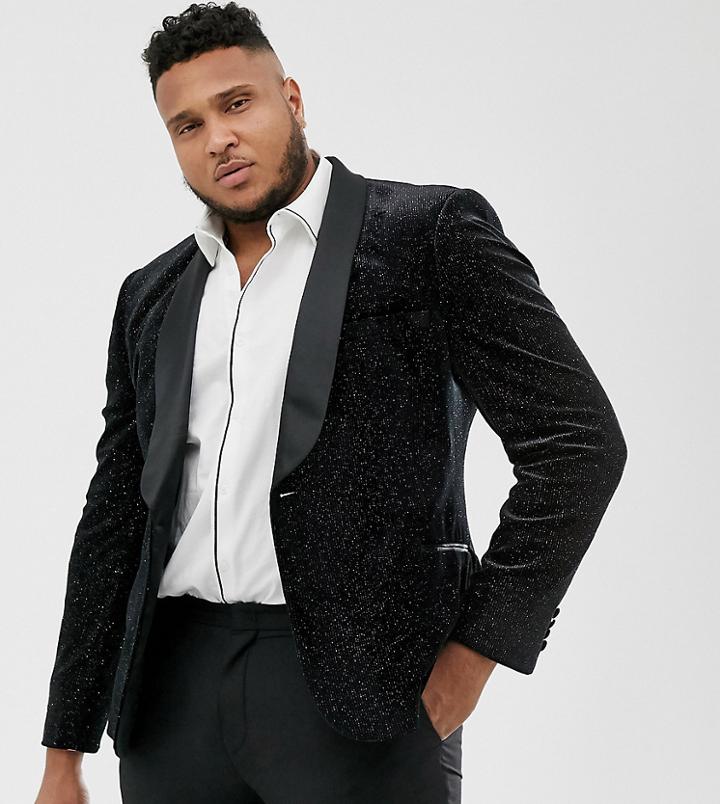 Asos Design Plus Super Skinny Tuxedo Blazer In Black Glitter Velvet
