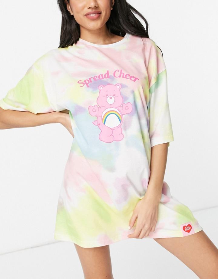 Asos Design Care Bears Tie Dye Sleep Tee In Rainbow-multi