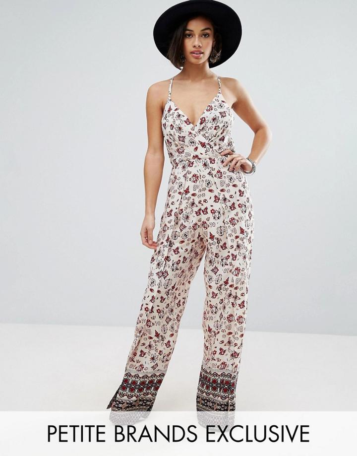 Sisters Of The Tribe Petite Printed Cami Strap Jumpsuit With Split Leg Detail - Multi