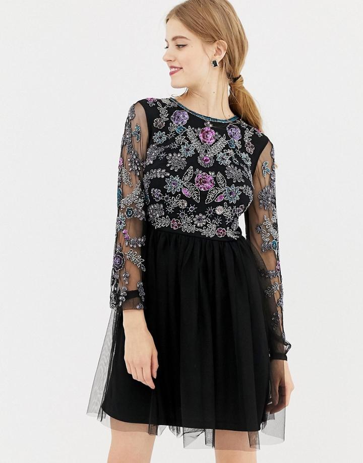 Frock & Frill Long Sleeve Embellished Skater Dress With Open Back - Black