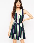 Asos A-line Wrap Dress In Stripe With Buckle Detail - Print