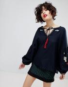 Essentiel Antwerp Popup 3/4 Sleeved Embroidered Top - Blue