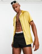 Asos Design Regular Revere Satin Shirt In Recycled Polyester In Gold-brown