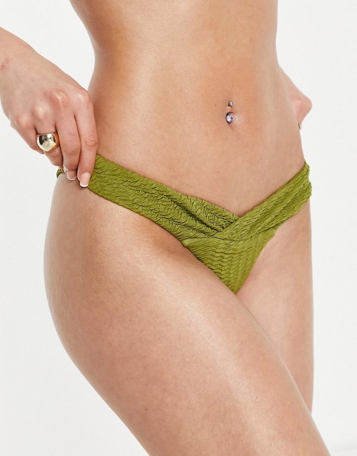 River Island High Leg Bikini Bottoms In Khaki-green