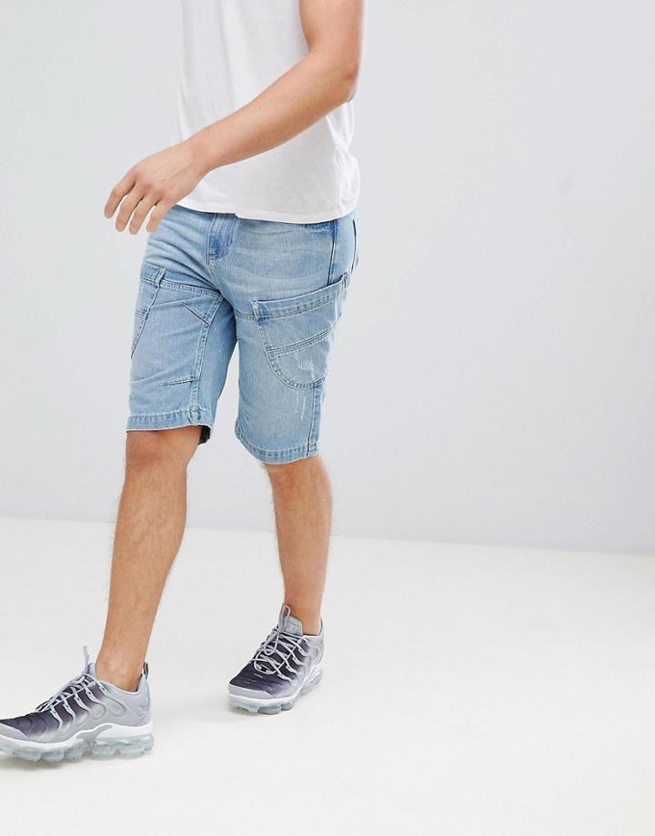 Crosshatch Light Wash Paneled Denim Shorts - Blue