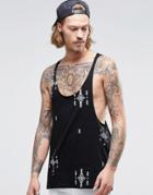 Asos Tank With All Over Geo-tribal Print And Raw Edge Extreme Racer Back - Black
