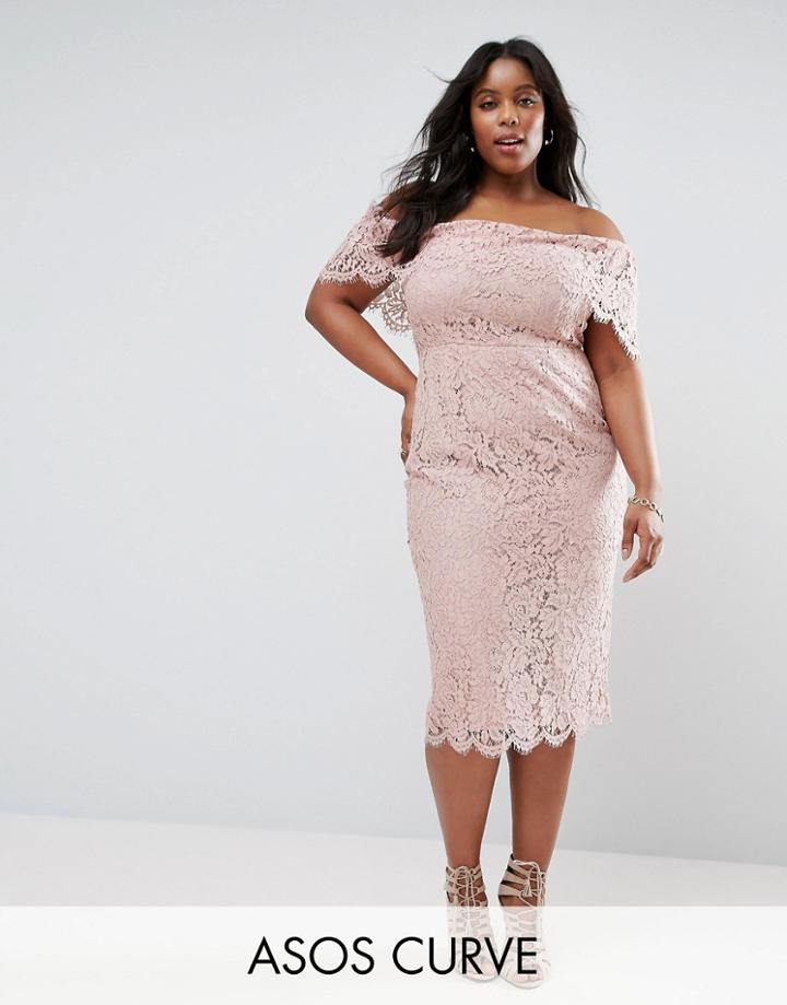 Asos Curve Lace Bardot Longer Length Midi Pencil Dress - Pink